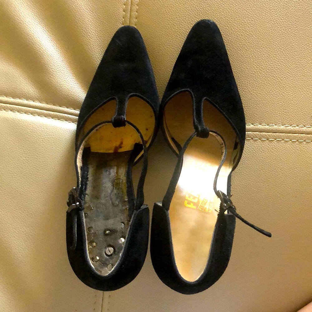 Salvatore Ferragamo suede black strap shoes